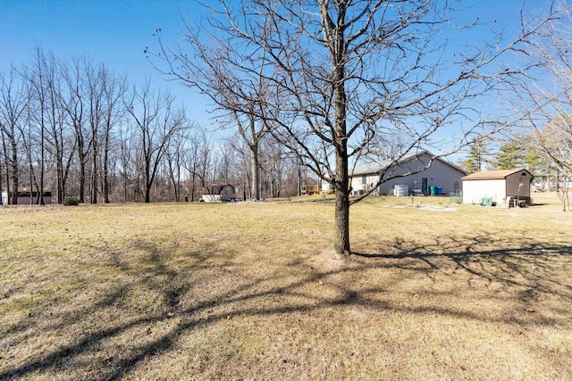 view of yard featuring a storage shed and an outbuilding