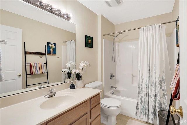 bathroom with visible vents, shower / bathtub combination with curtain, vanity, and toilet