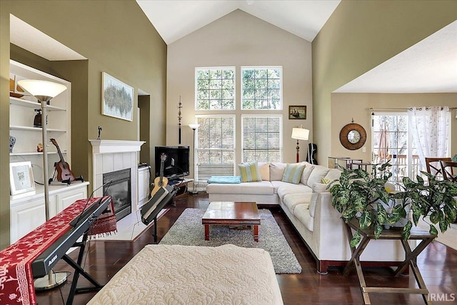 living area with high vaulted ceiling, dark wood-style floors, and a fireplace