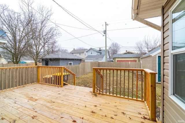 deck with a residential view and a fenced backyard