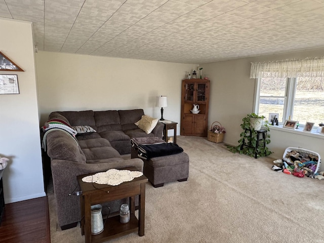 living room with carpet flooring and a textured ceiling