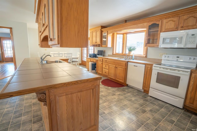 kitchen with white appliances, plenty of natural light, and a sink