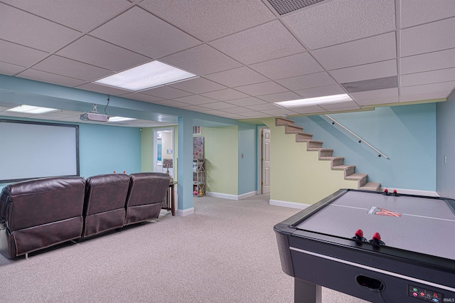 game room featuring visible vents, baseboards, a paneled ceiling, and carpet