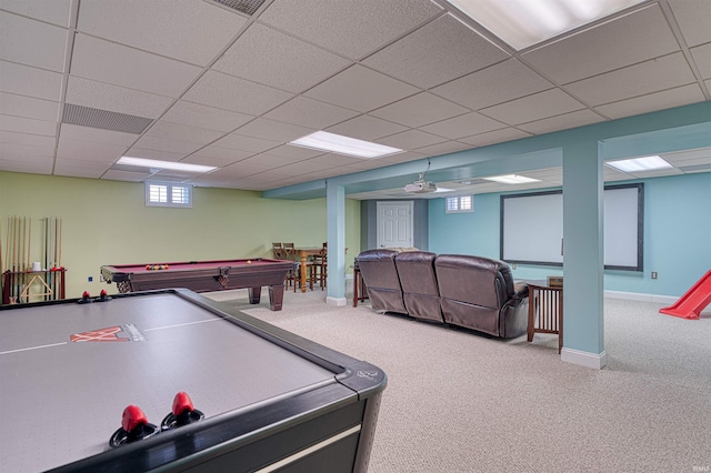 rec room featuring billiards, baseboards, visible vents, a paneled ceiling, and carpet flooring