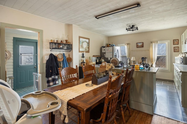 dining area featuring wooden ceiling and wood finished floors