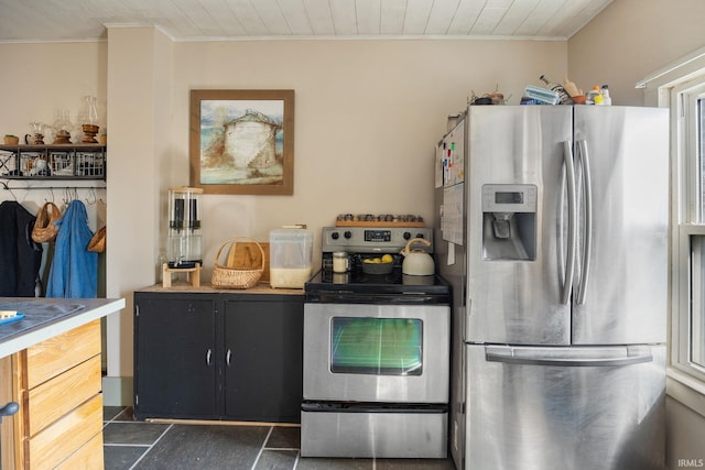 kitchen with appliances with stainless steel finishes, dark cabinetry, and crown molding