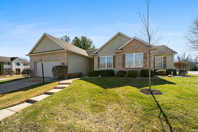 ranch-style home featuring brick siding, a front yard, an attached garage, and driveway