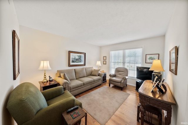 living area with baseboards and wood finished floors