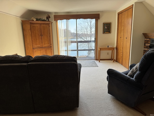 living room with light carpet and lofted ceiling