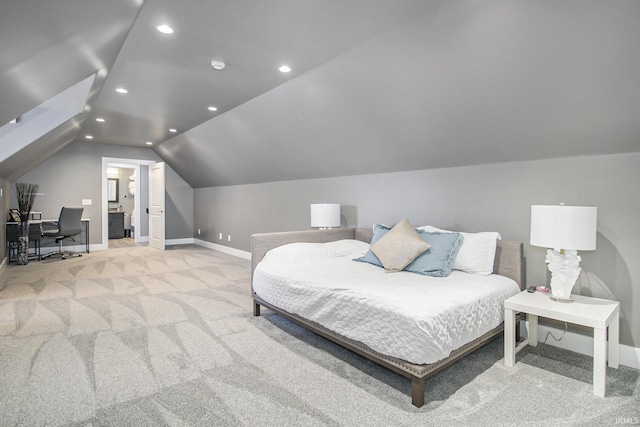 bedroom with lofted ceiling, recessed lighting, baseboards, and light carpet