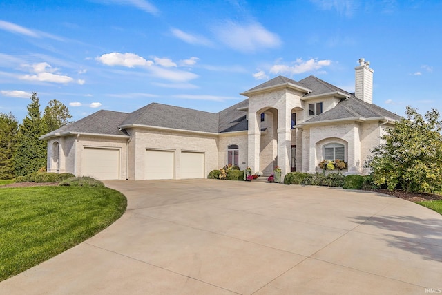 french country inspired facade with driveway, an attached garage, a shingled roof, a chimney, and a front lawn