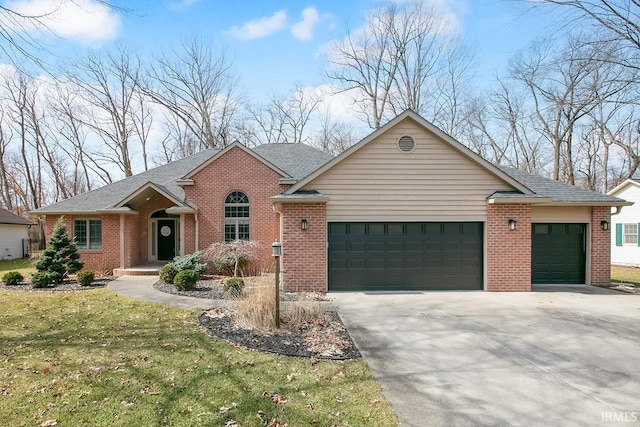 single story home with roof with shingles, concrete driveway, a front lawn, a garage, and brick siding