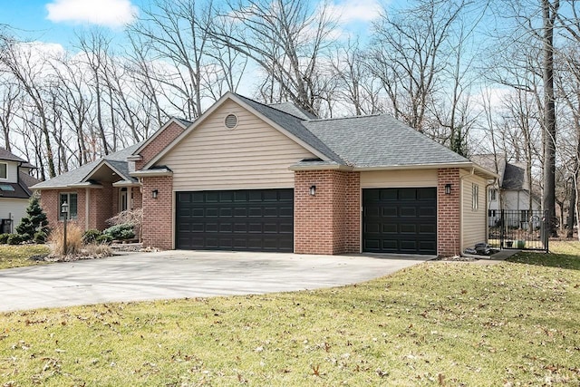 ranch-style home featuring brick siding, a front lawn, concrete driveway, and a garage