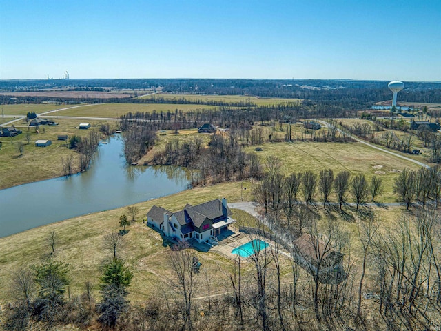 aerial view featuring a rural view and a water view