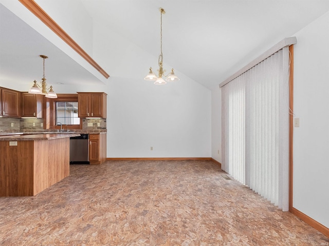 kitchen featuring a sink, backsplash, stainless steel dishwasher, a chandelier, and hanging light fixtures