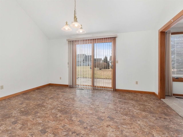 unfurnished room featuring an inviting chandelier, baseboards, and lofted ceiling