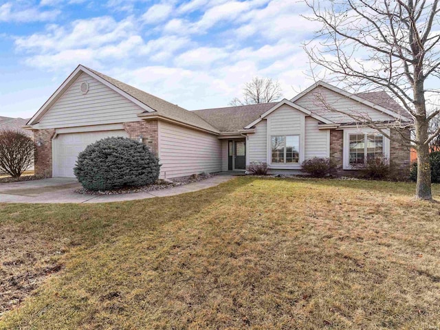 ranch-style home featuring brick siding, a front lawn, and a garage