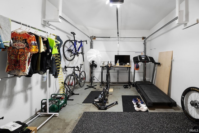 workout room featuring a garage