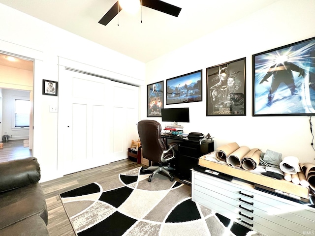 office space featuring ceiling fan and wood finished floors