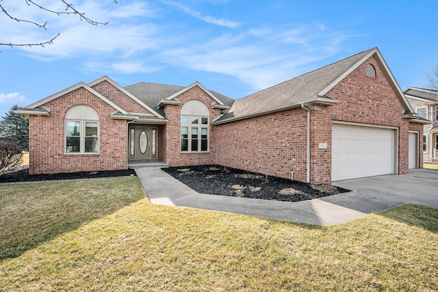 view of front of house featuring a front yard, an attached garage, a shingled roof, concrete driveway, and brick siding