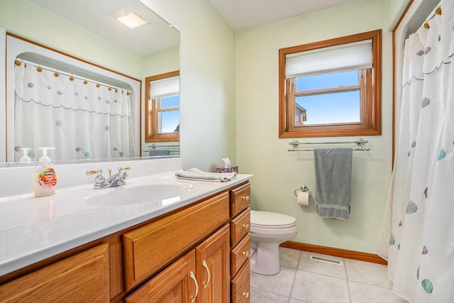 full bath featuring vanity, baseboards, visible vents, tile patterned floors, and toilet