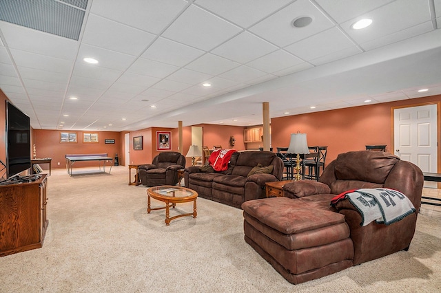 carpeted living area featuring recessed lighting, visible vents, a drop ceiling, and pool table