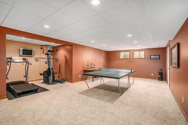 recreation room with recessed lighting, a drop ceiling, baseboards, and carpet flooring