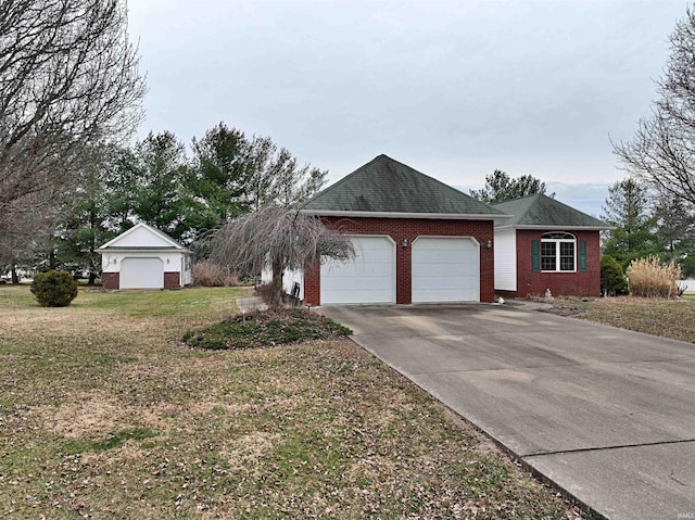 view of front of property with brick siding, an attached garage, driveway, and a shingled roof