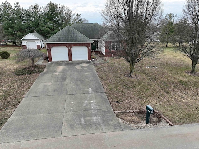 ranch-style home featuring brick siding, driveway, an attached garage, and a shingled roof