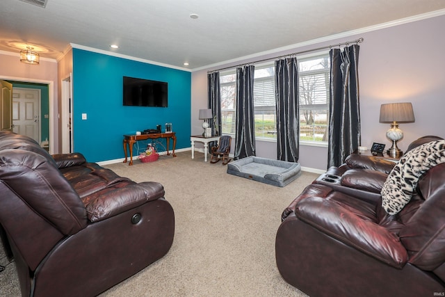 carpeted living room with recessed lighting, visible vents, baseboards, and ornamental molding