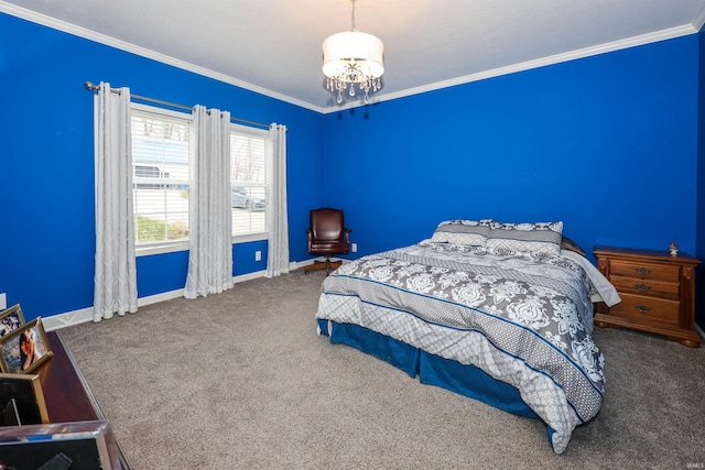 carpeted bedroom featuring baseboards, a chandelier, and ornamental molding