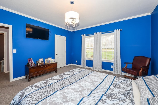 carpeted bedroom featuring ornamental molding, baseboards, and a chandelier