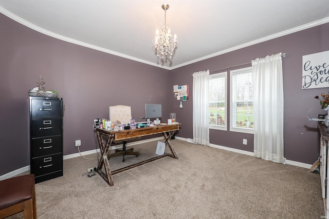 office featuring a chandelier, baseboards, crown molding, and carpet