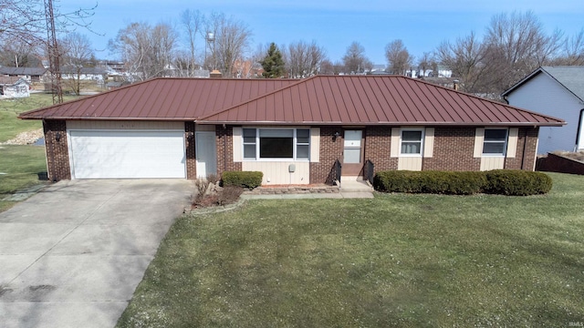 ranch-style house with a standing seam roof, a front lawn, a garage, and brick siding