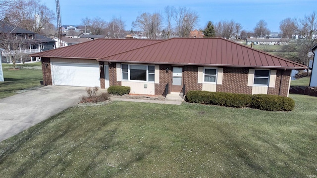 single story home featuring brick siding, concrete driveway, a front yard, metal roof, and an attached garage