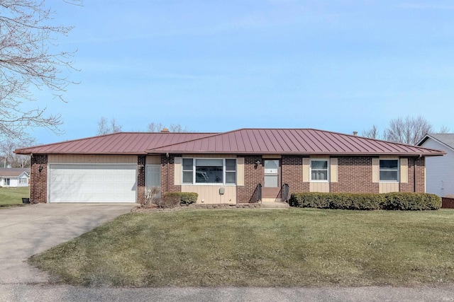 single story home featuring brick siding, concrete driveway, a front yard, metal roof, and an attached garage