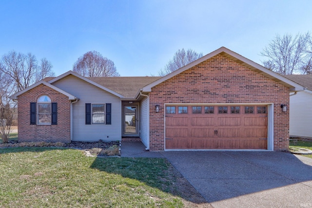 ranch-style house with a front lawn, brick siding, a garage, and driveway