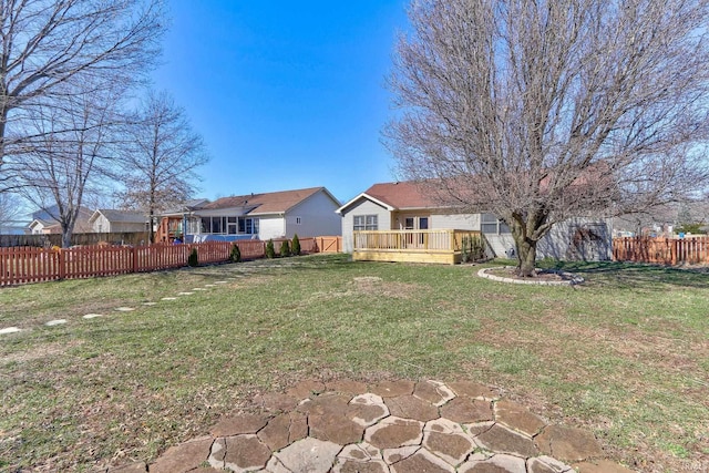 view of yard with a fenced backyard and a deck