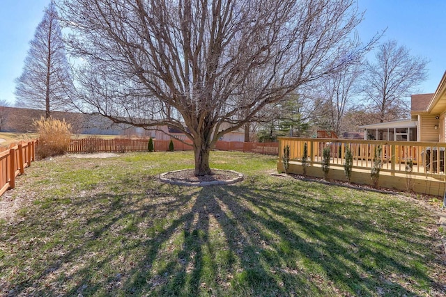 view of yard with a fenced backyard and a wooden deck