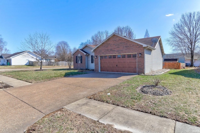 single story home with driveway, fence, a front yard, a garage, and brick siding