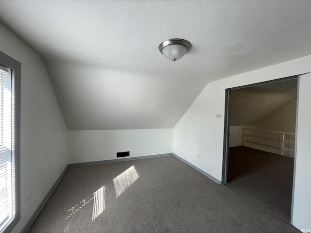 additional living space with vaulted ceiling, carpet flooring, and baseboards