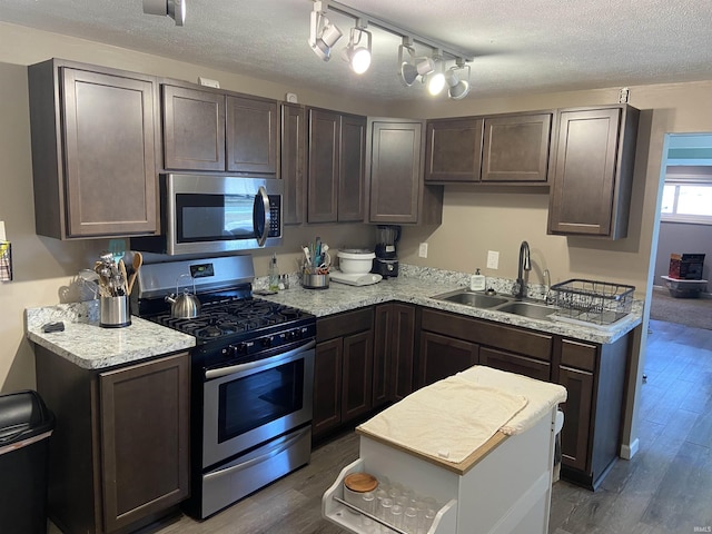 kitchen featuring a sink, dark brown cabinetry, wood finished floors, and stainless steel appliances