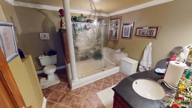 bathroom featuring vanity, ornamental molding, tile patterned flooring, a shower stall, and toilet