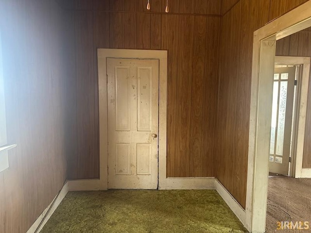 empty room featuring wooden walls and carpet