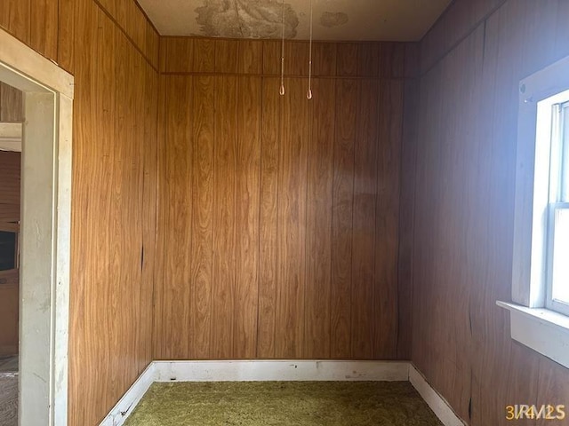 spare room with a sauna and wood walls