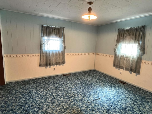 empty room with wooden walls, carpet, and baseboards