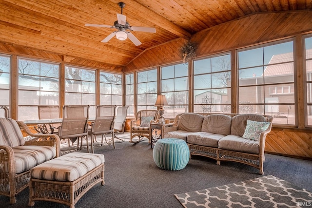 sunroom / solarium with wood ceiling, ceiling fan, and vaulted ceiling