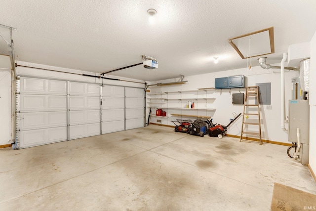 garage with electric panel and a garage door opener