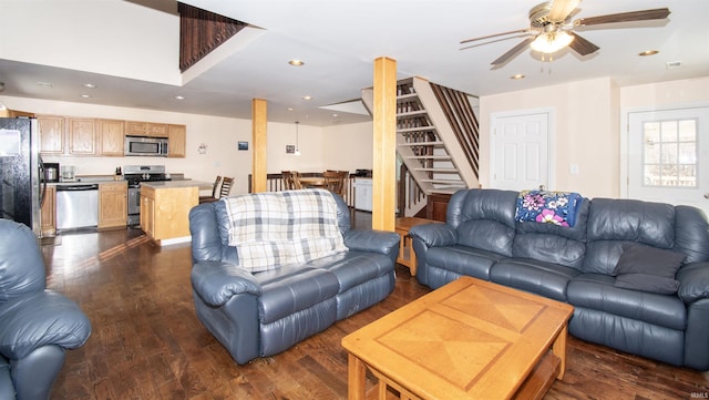 living room with stairs, recessed lighting, dark wood finished floors, and ceiling fan