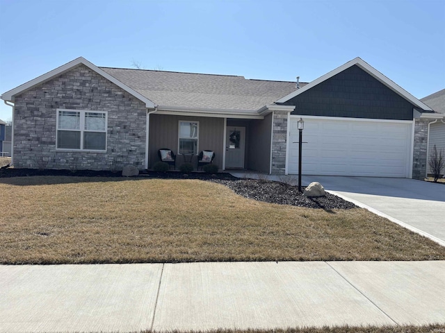 ranch-style home with driveway, a front lawn, stone siding, a shingled roof, and a garage